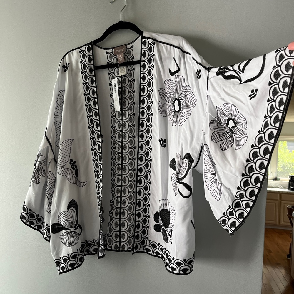Chico's White Kimono Jacket with Black Floral Print